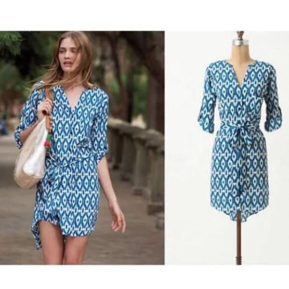 NEW Maeve Anthropologie Ikat Frequencies Blue White Shirt Dress Preppy Vacation - Picture 1 of 7